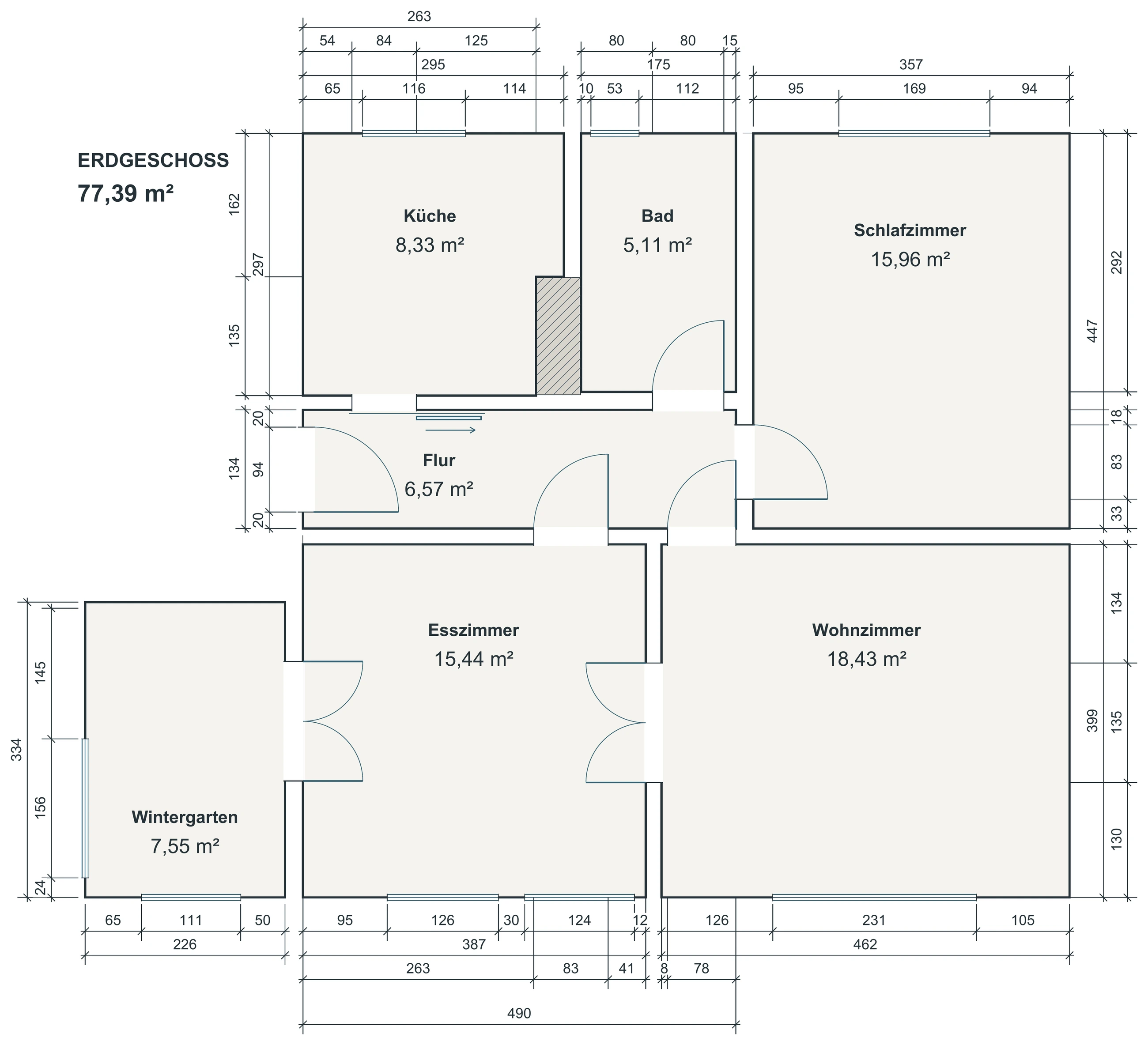 Bereitgestellter Grundriss Wohnung Erdgeschoss, 77,39 Quadratmeter, mit Küche, Bad, Schlafzimmer, Flur, Esszimmer, Wohnzimmer und Wintergarten